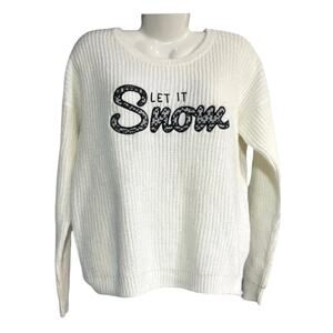 FB Sister Women's White "Let it Snow" Winter Knit Long Sleeve Sweater | SZ L